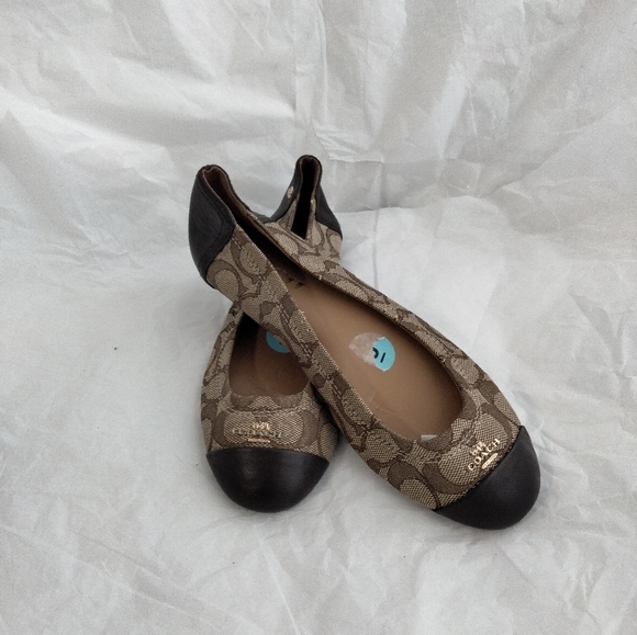 Coach Chelsea Outline Ballet Flats Size 6 Tan Brown Signature Monogram Leather - Picture 2 of 16